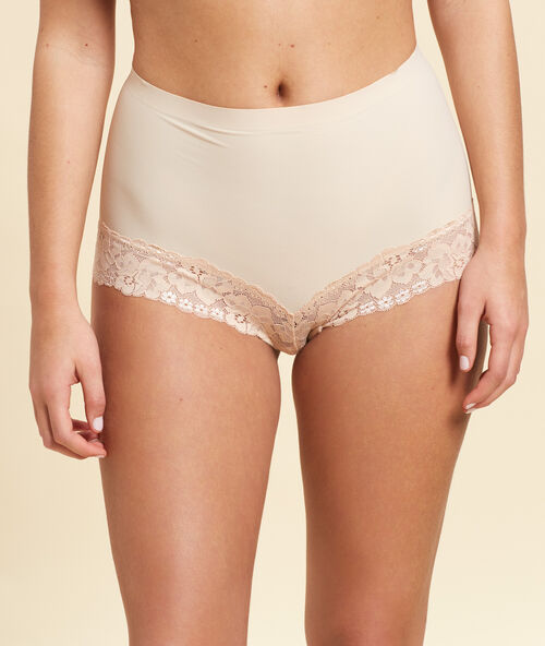 Lace high-waisted briefs - level 1 : shaped silhouette beige.