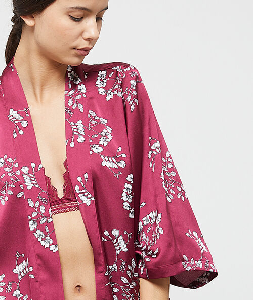 Floral satin kimono dressing gown burgundy.