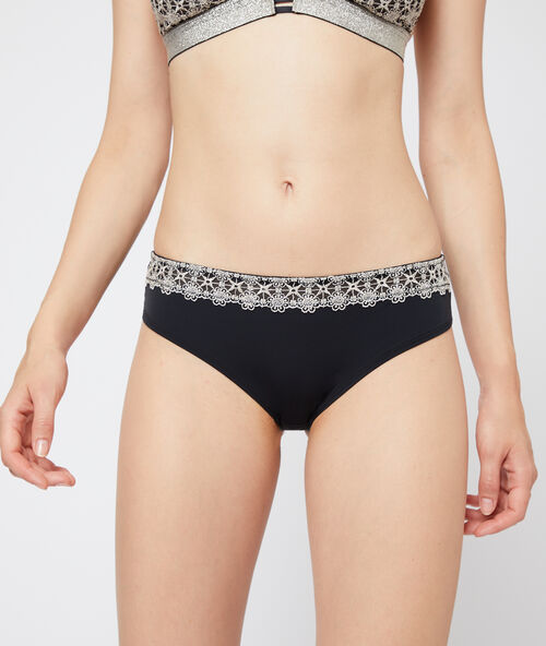 Hipster en microfibre et dentelle &agrave; fibres m&eacute;tallis&eacute;es or.