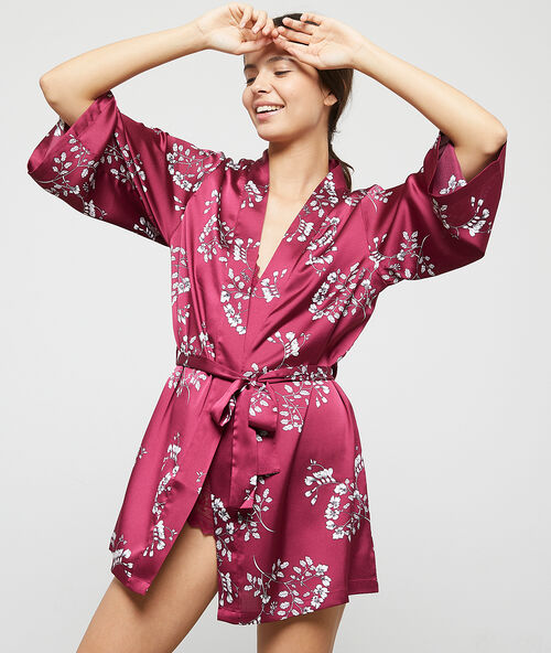 Floral satin kimono dressing gown burgundy.
