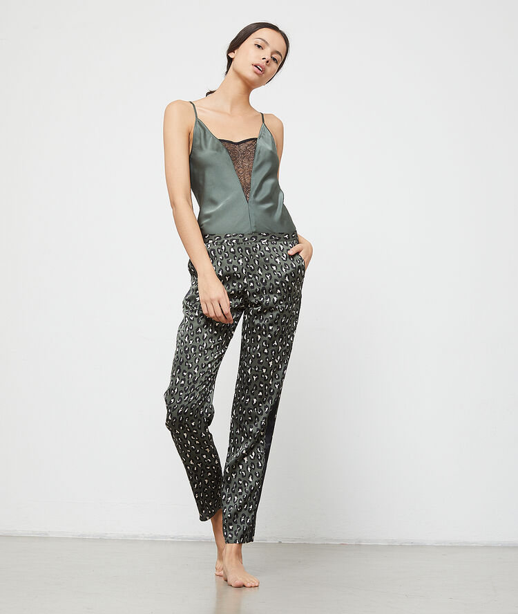 Leopard satin trousers grey.