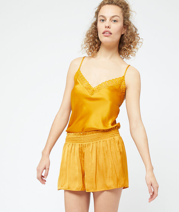 Satiny shorts with smocked pleated waist Satiny shorts with smocked pleated waist;${refinementColor}
