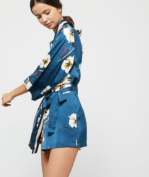 Floral satin kimono dressing gown blue.