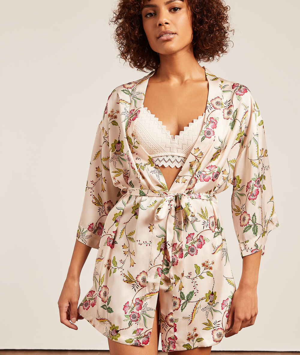 Printed satin kimono ecru.