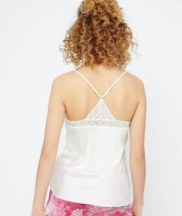 Lace trimmed low cut satiny cami top ECRU ETAM
