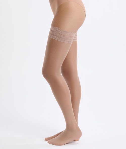 Satin effect hold-up stockings nude.