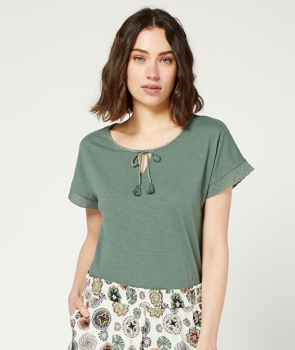 T-shirt with lace up collar T-shirt with lace up collar;${refinementColor}