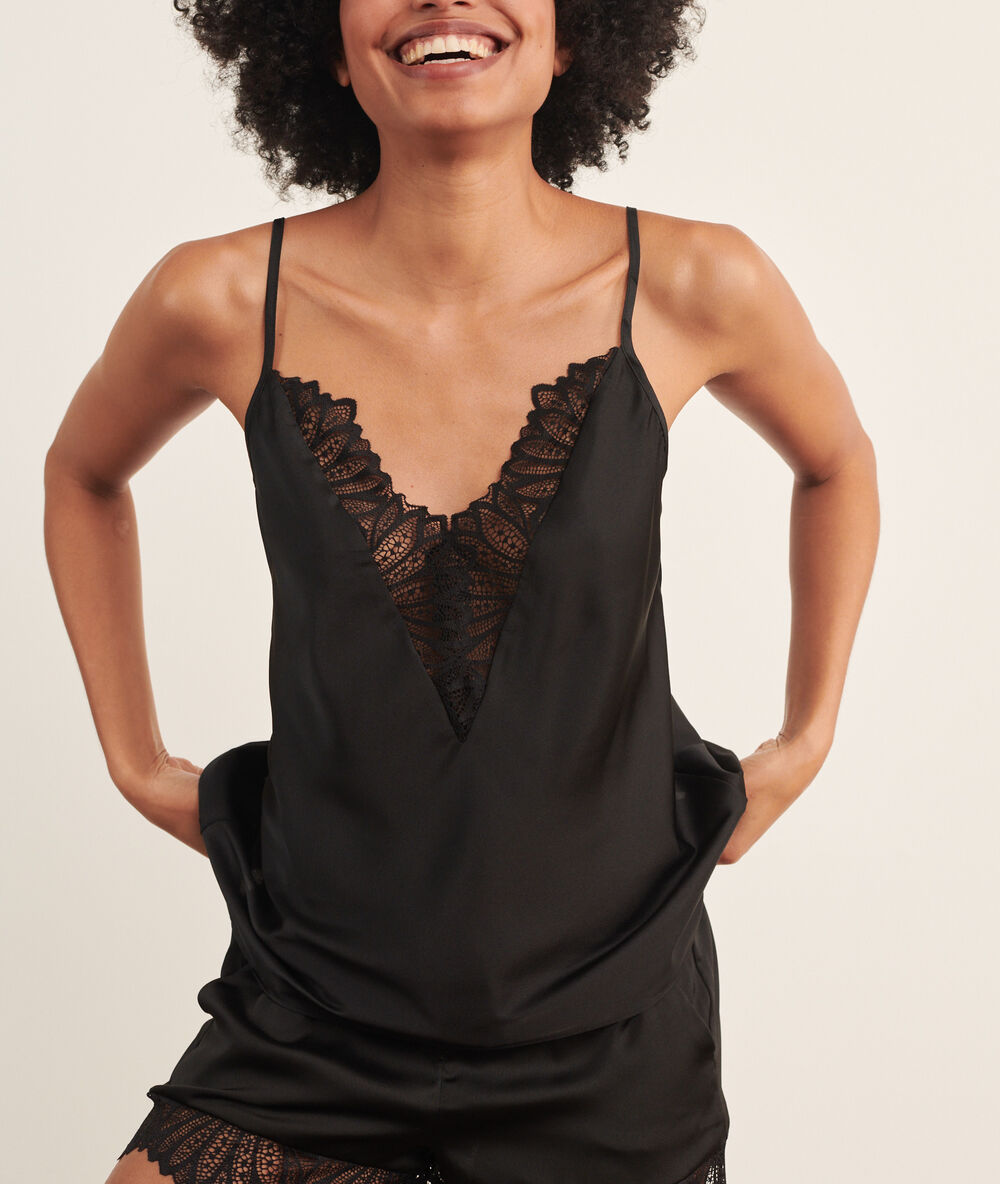 Lacetrimmed low cut satiny cami top KARMA 2 NOIR ETAM