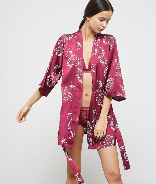 Floral satin kimono dressing gown burgundy.