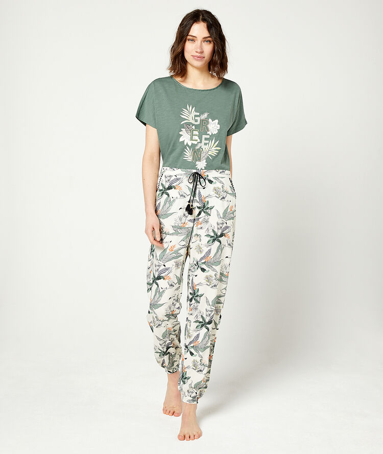 Trousers in a foliage print and tie detail off white.