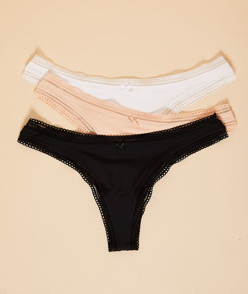 3 pack tanga briefs, openwork edges bords black/pink/white.