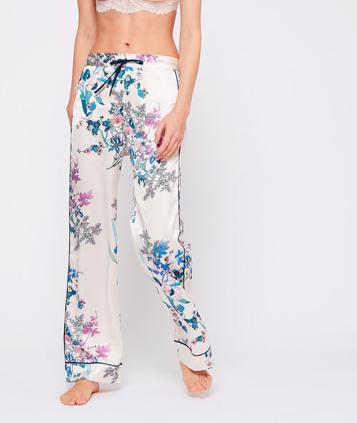 Satin floral trousers ecru.