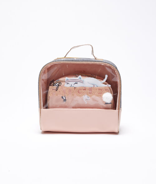 Trop fatigu&eacute;e' cat toilet bag pink.