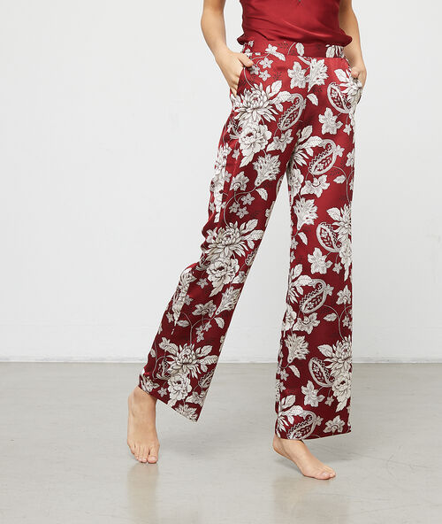Floral print satin trousers burgundy.