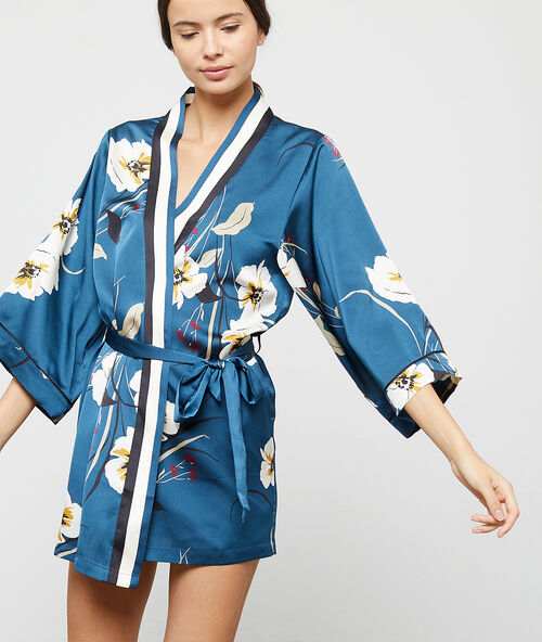 Floral satin kimono dressing gown blue.