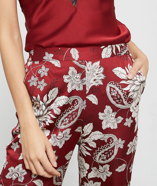 Floral print satin trousers burgundy.