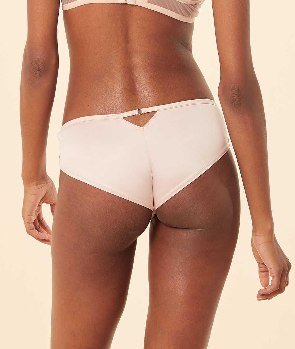 Satin hipster with embroidered tulle blush.