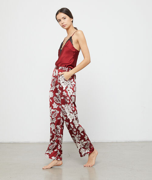 Floral print satin trousers burgundy.