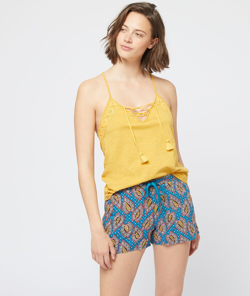 Leaves print shorts petrol blue.