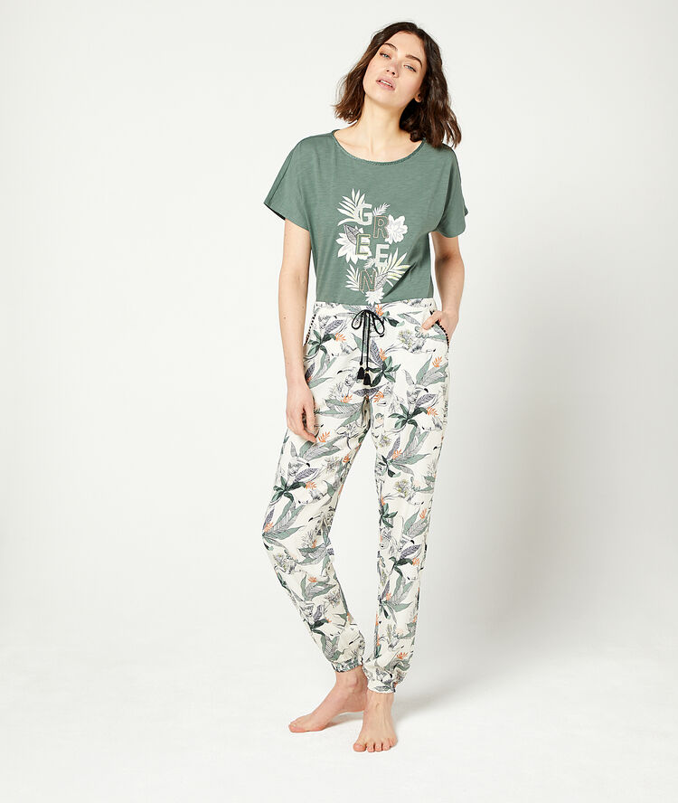 Trousers in a foliage print and tie detail off white.