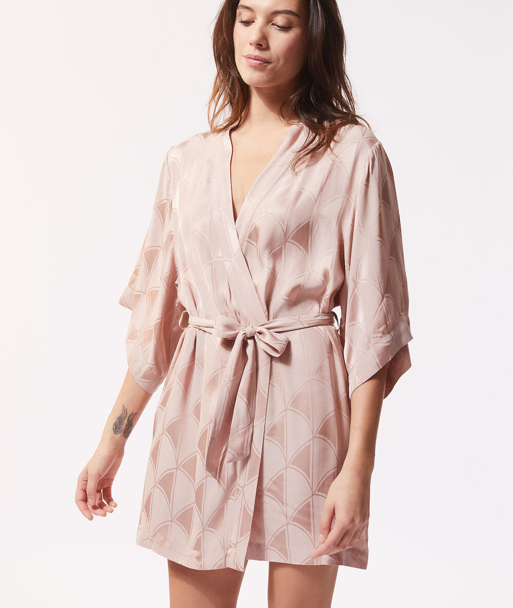 Satin robe in jacquard fabric blush pink.