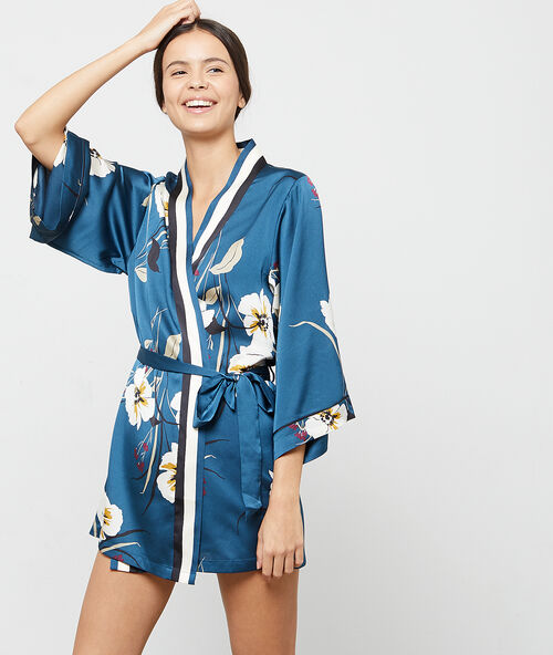 Floral satin kimono dressing gown blue.