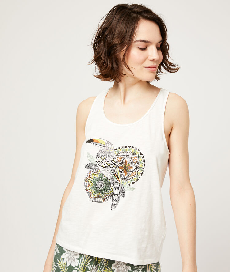 Tank top in a toucan print off white.