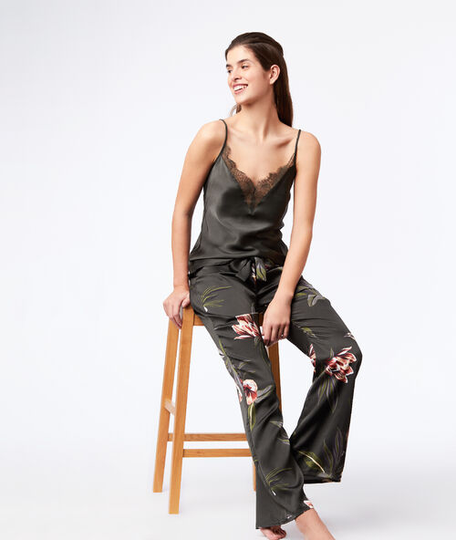 Lace neck satin top khaki.