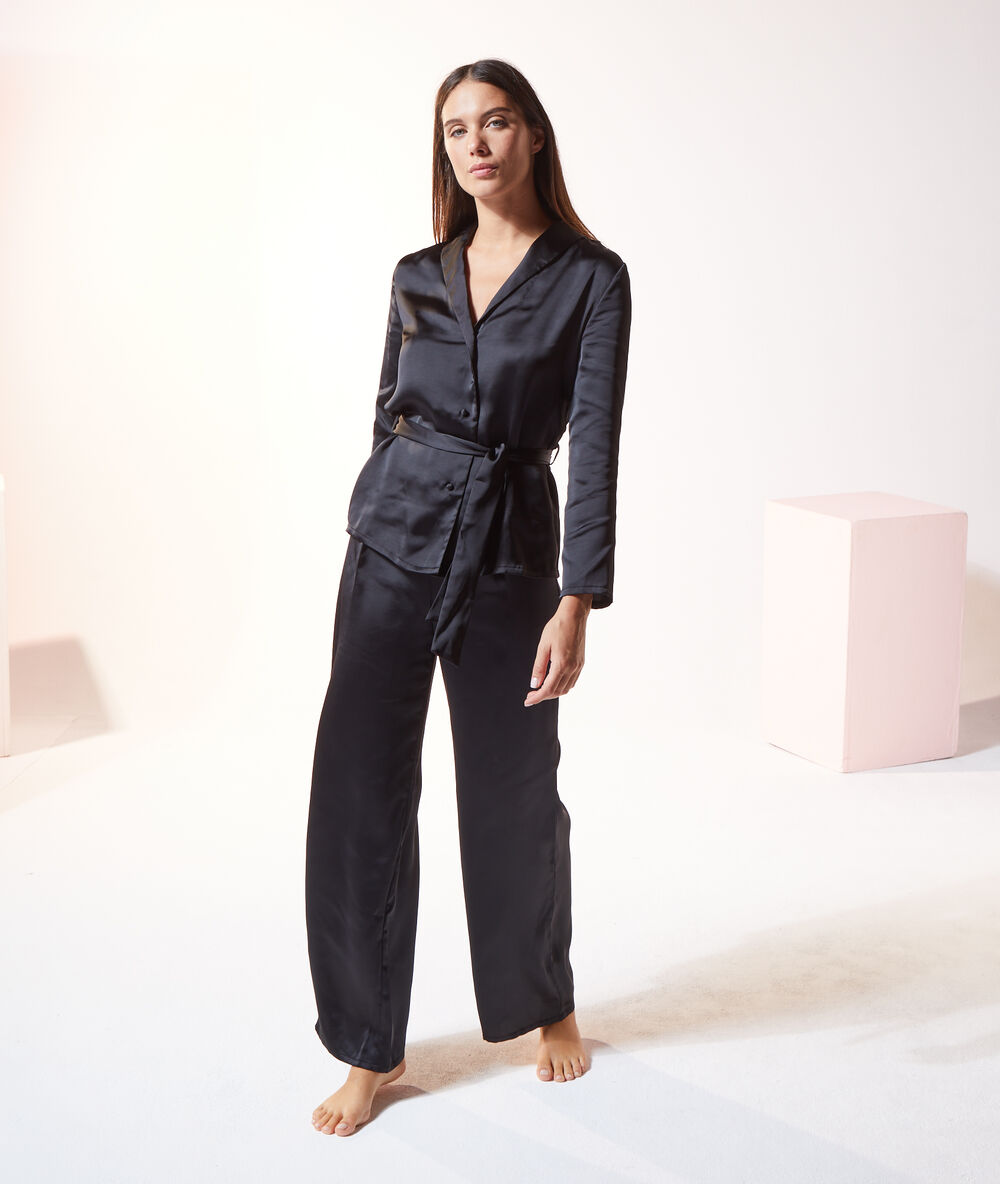 Satin pyjama shirt to tie black.
