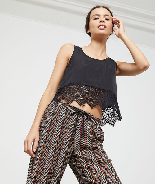 Lace trim top black.