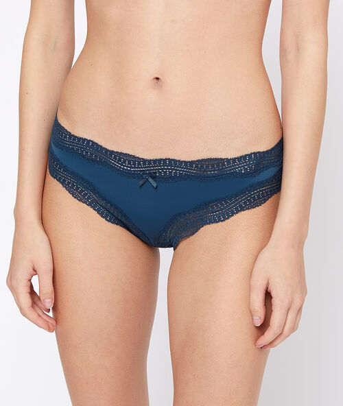 Graphic lace trim tanga petrol blue.