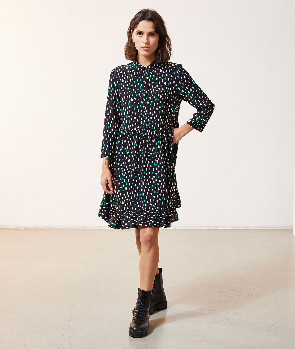 Button through dress in print black.