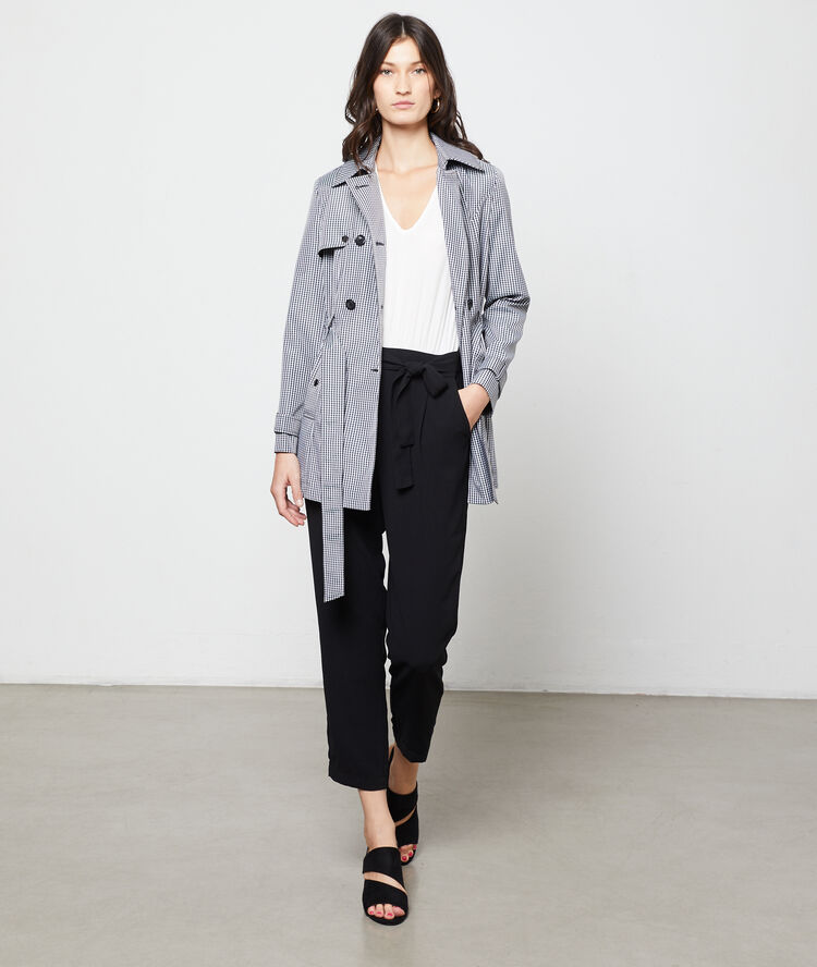 Gingham print trench black.