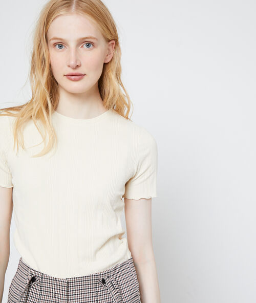 Cotton ribbed t-shirt cream-coloured.