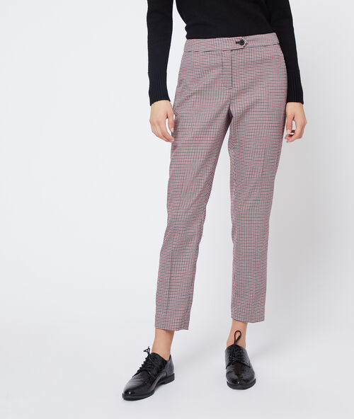 Pantalon droit &agrave; motifs pied de poule marine.