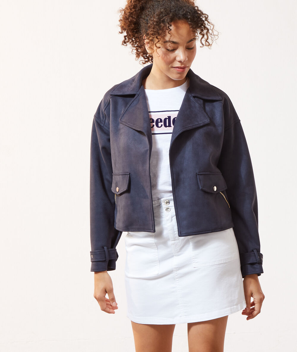 Biker jacket in a suede look navy.