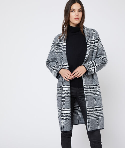 Gilet long &agrave; motifs jacquard noir.