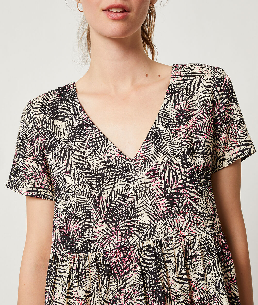 Leaf print dress ecru.