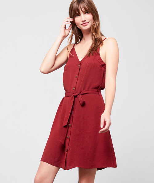 Belted loose dress with buttons burgandy.