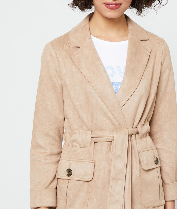 Short length trench in a suede effect dark camel.