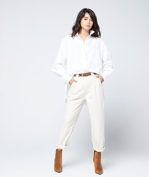 Belted paper bag trousers cream.