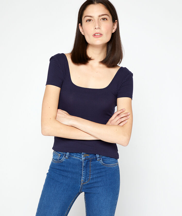 Ribbed top with low cut back navy.