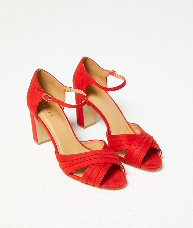 Heeled sandals in a suede look geranium.