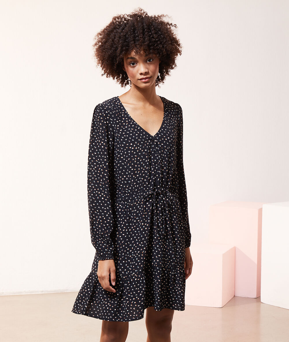 Robe fleurie boutonnée noir.