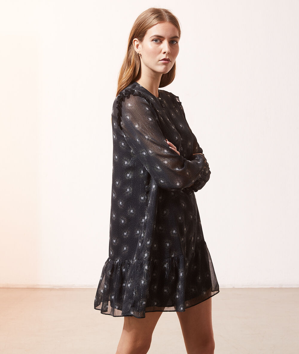 Robe fluide imprimé manches ballon noir.