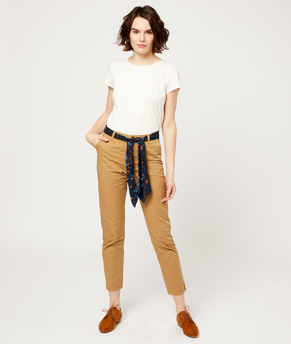 Straight leg trousers with scarf belt dark camel.