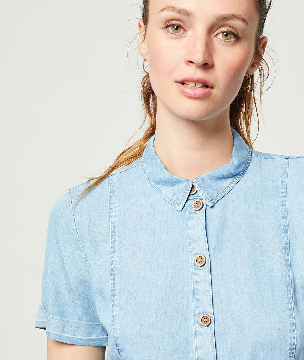 Denim shirt dress blue sky.