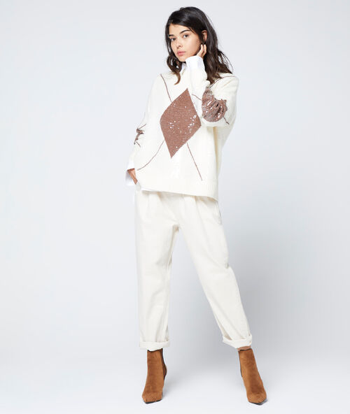 Pull &agrave; sequins imprim&eacute; graphique ecru.