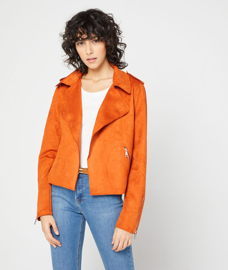 Biker jacket in a suede effect tangerine.