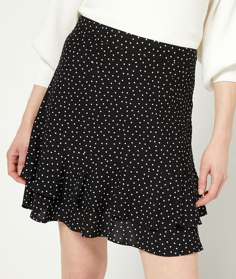 Jupe patineuse à pois noir.